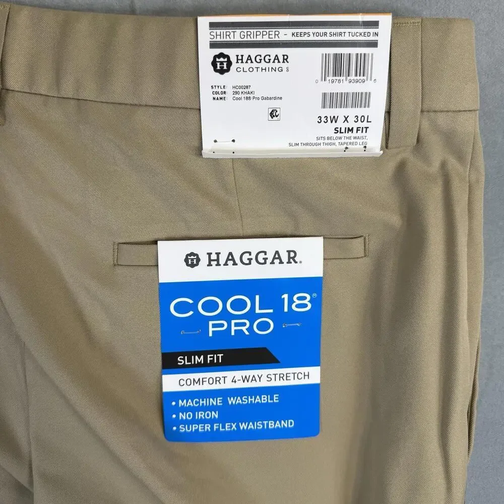 Haggar Pants Mens 33x30 Khaki Cool 18 Pro Slim Fit Flat Front Stretch Chino